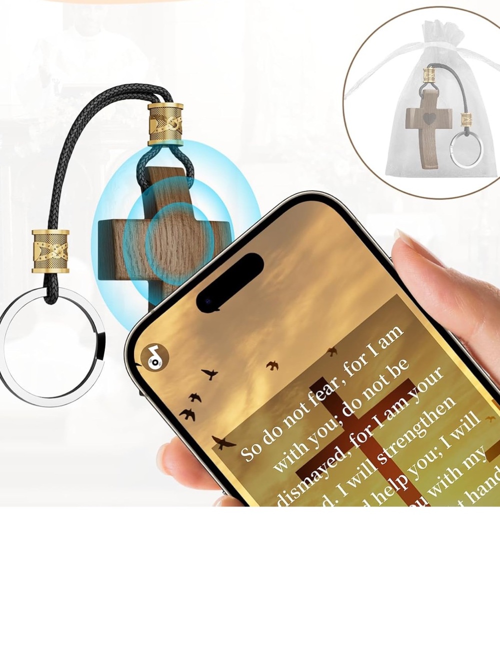 Wooden cross keychain use with smartphone to receive a new Bible verse each day - Picture 8 of 9